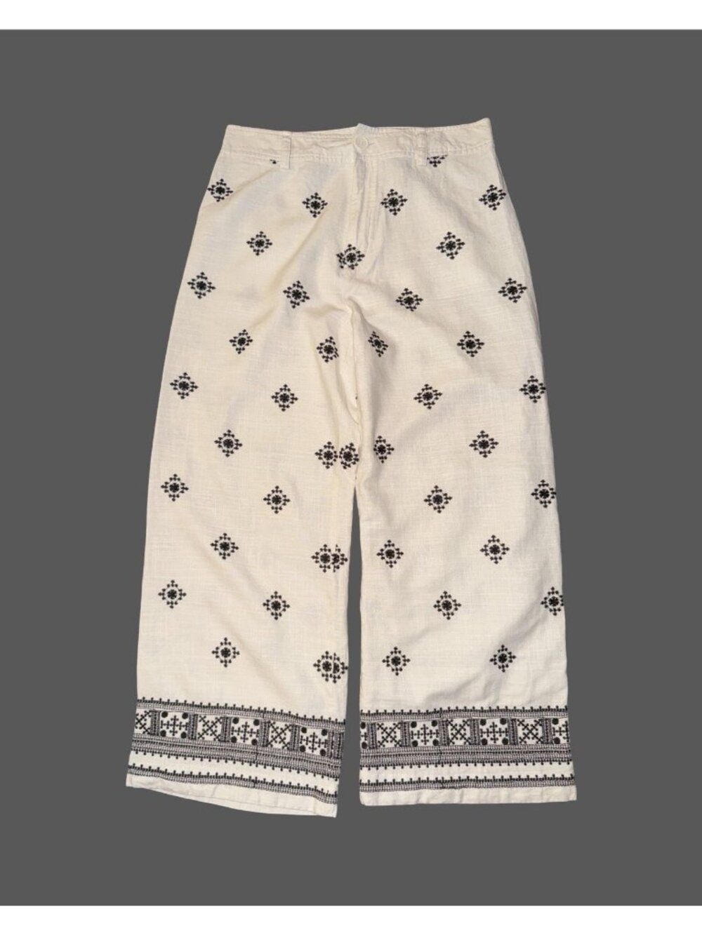 T Tahari Ivory Black Embroidered Linen Blend Ankle Pants 10 Wide Leg High Rise